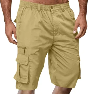 Men's Cargo Shorts 3/4 Relaxed Fit Below Knee Length Shorts 7 Pockets Elastic Waist Cotton Hiking Shorts
