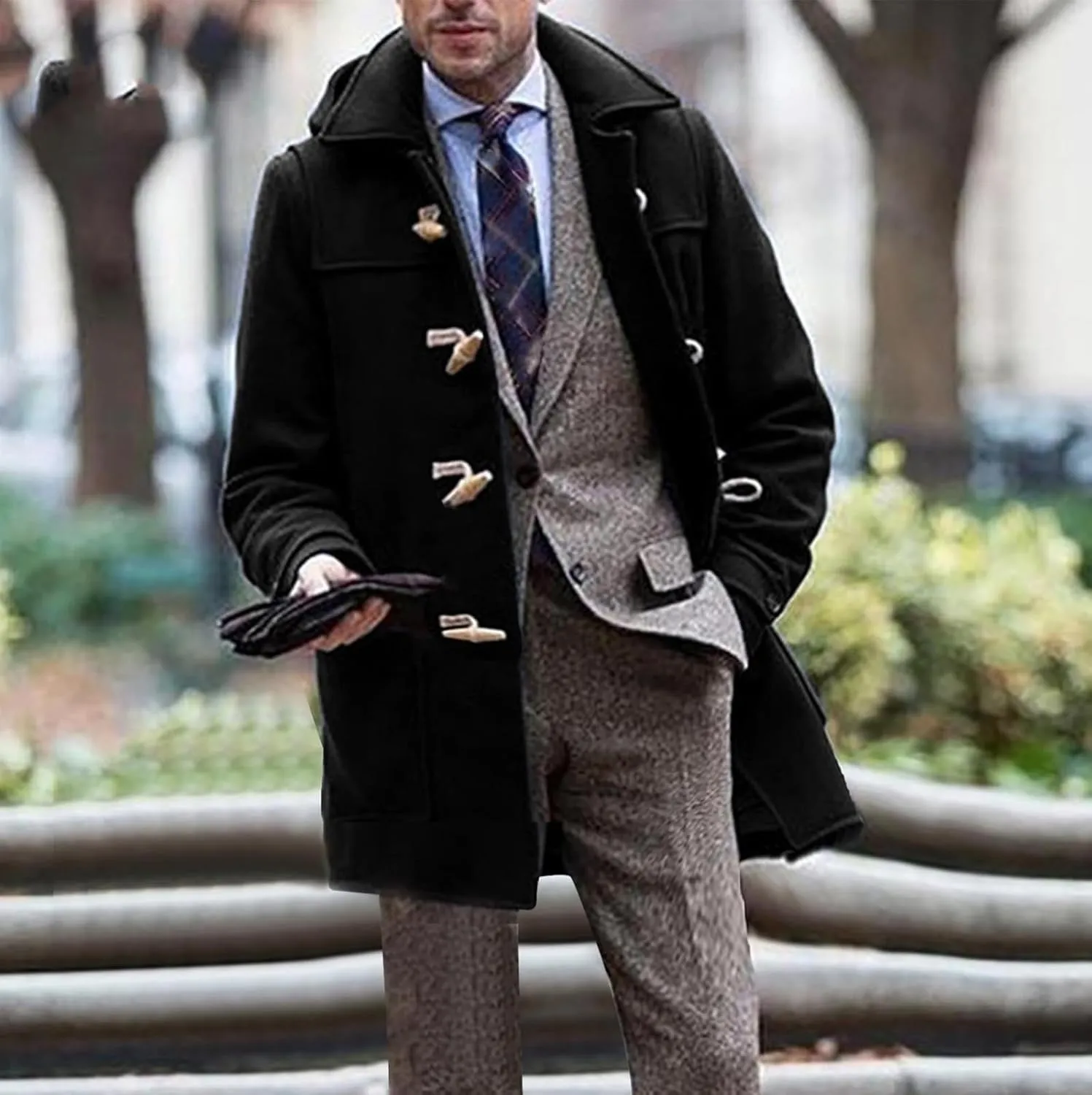 Men's Duffle Lapel Trench Coat Windproof Hoodie Mid Long Thermal Overcoat for Fall Winter Long Sleeve Casual Outwear