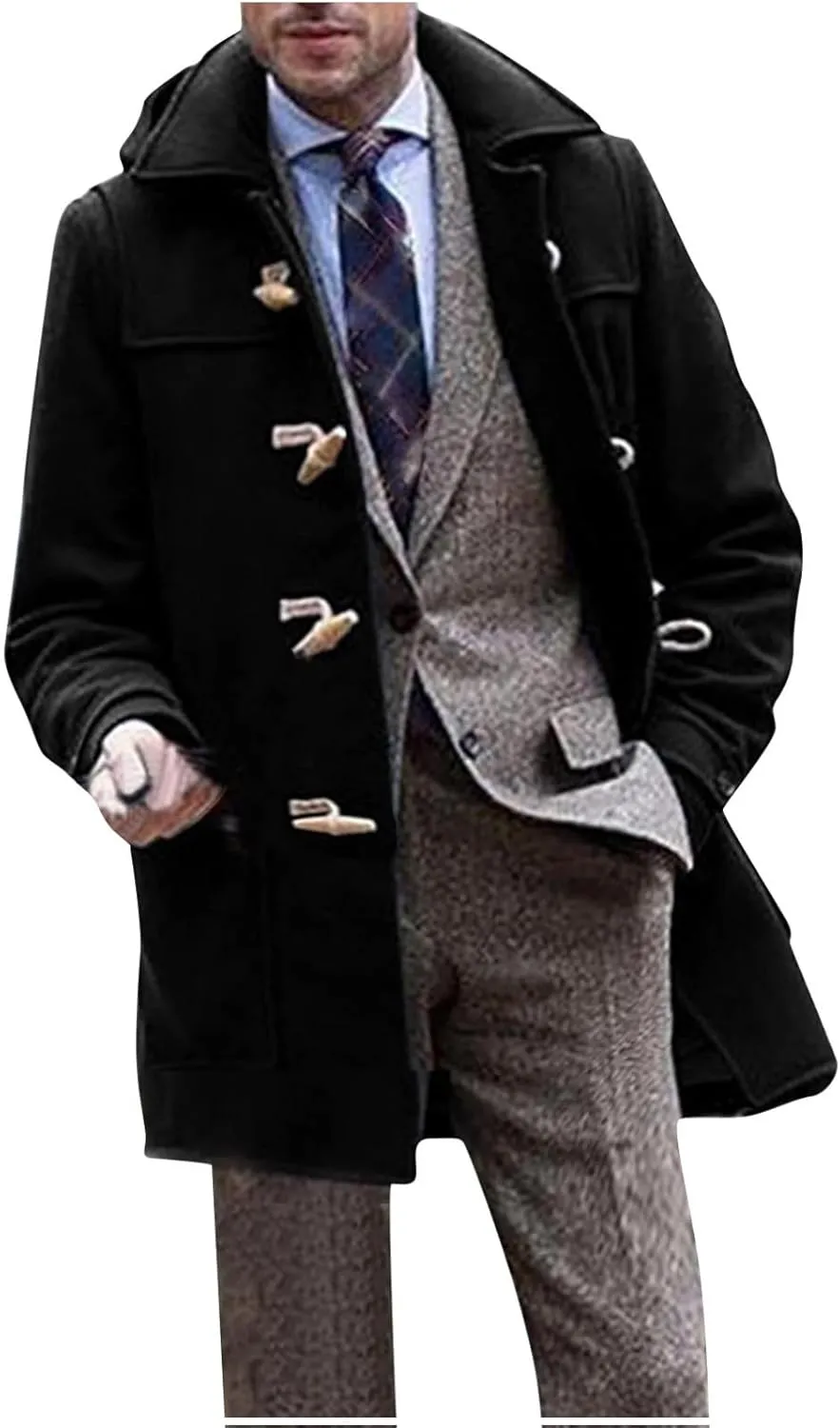Men's Duffle Lapel Trench Coat Windproof Hoodie Mid Long Thermal Overcoat for Fall Winter Long Sleeve Casual Outwear