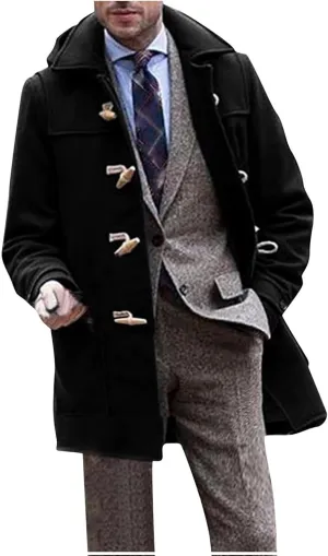 Men's Duffle Lapel Trench Coat Windproof Hoodie Mid Long Thermal Overcoat for Fall Winter Long Sleeve Casual Outwear