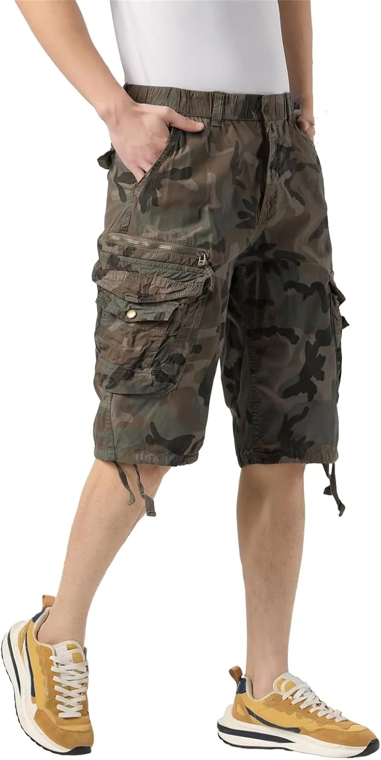 Mens Elastic Waist Cargo Shorts Zipper Pocket Relaxed Fit Stretch Cotton Hiking Camo Cargo Shorts for Men