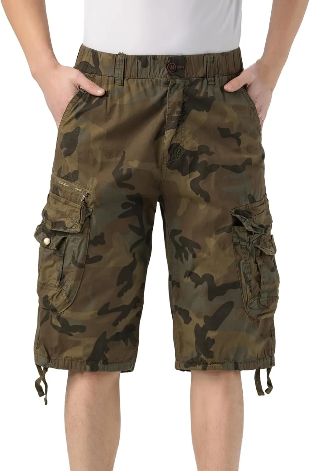 Mens Elastic Waist Cargo Shorts Zipper Pocket Relaxed Fit Stretch Cotton Hiking Camo Cargo Shorts for Men
