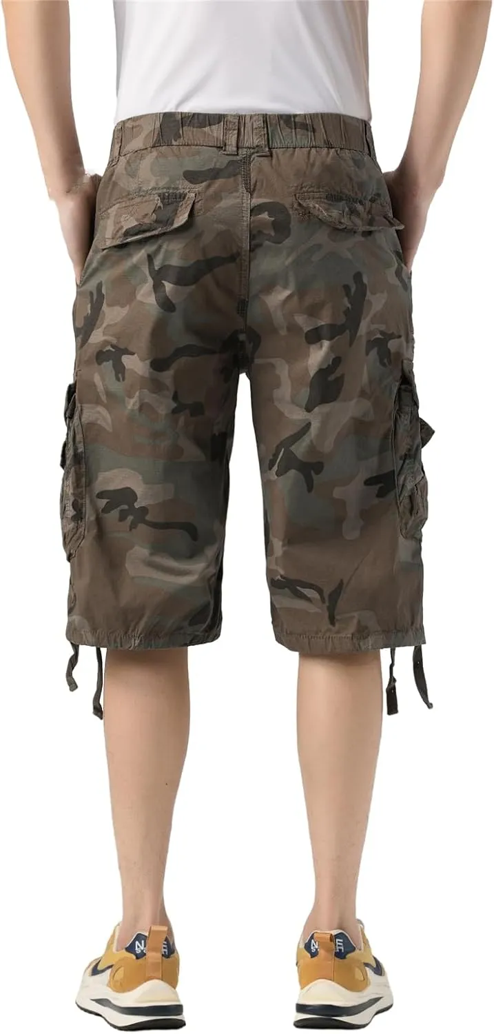 Mens Elastic Waist Cargo Shorts Zipper Pocket Relaxed Fit Stretch Cotton Hiking Camo Cargo Shorts for Men