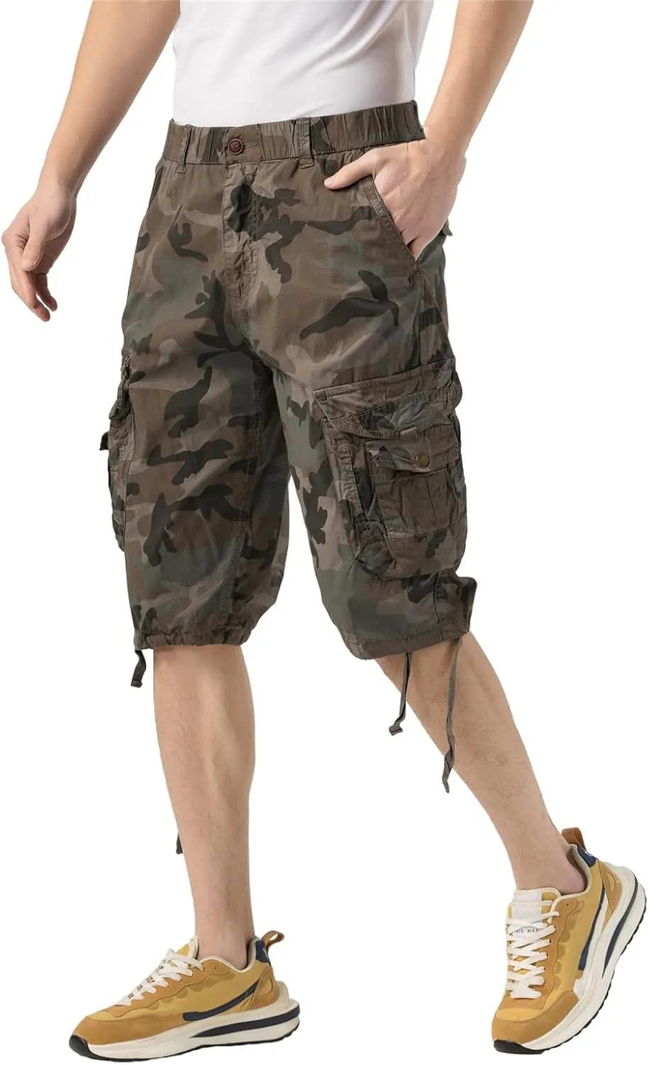 Mens Elastic Waist Cargo Shorts Zipper Pocket Relaxed Fit Stretch Cotton Hiking Camo Cargo Shorts for Men