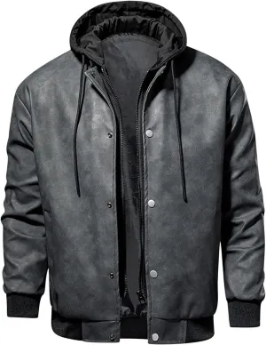 Men's Faux Leather Motorcycle Jacket Waterproof Windproof PU Moto Vintage Bomber Hoodie Zip Up Button Hooded Coats