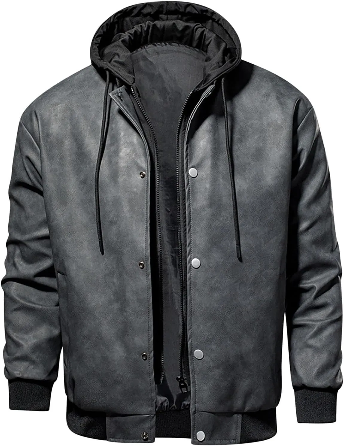 Men's Faux Leather Motorcycle Jacket Waterproof Windproof PU Moto Vintage Bomber Hoodie Zip Up Button Hooded Coats