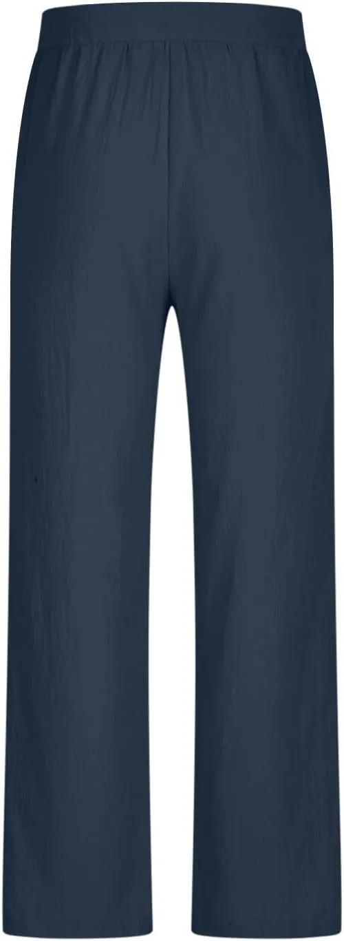 Men's Linen Pants Casual Loose Fit Elastic Waist Drawstring Straight Leg Summer Beach Yoga Long Trousers