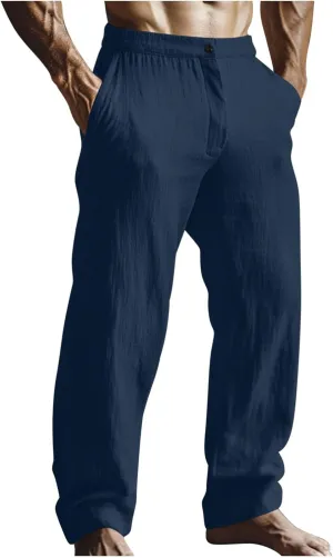 Men's Linen Pants Casual Loose Fit Elastic Waist Drawstring Straight Leg Summer Beach Yoga Long Trousers