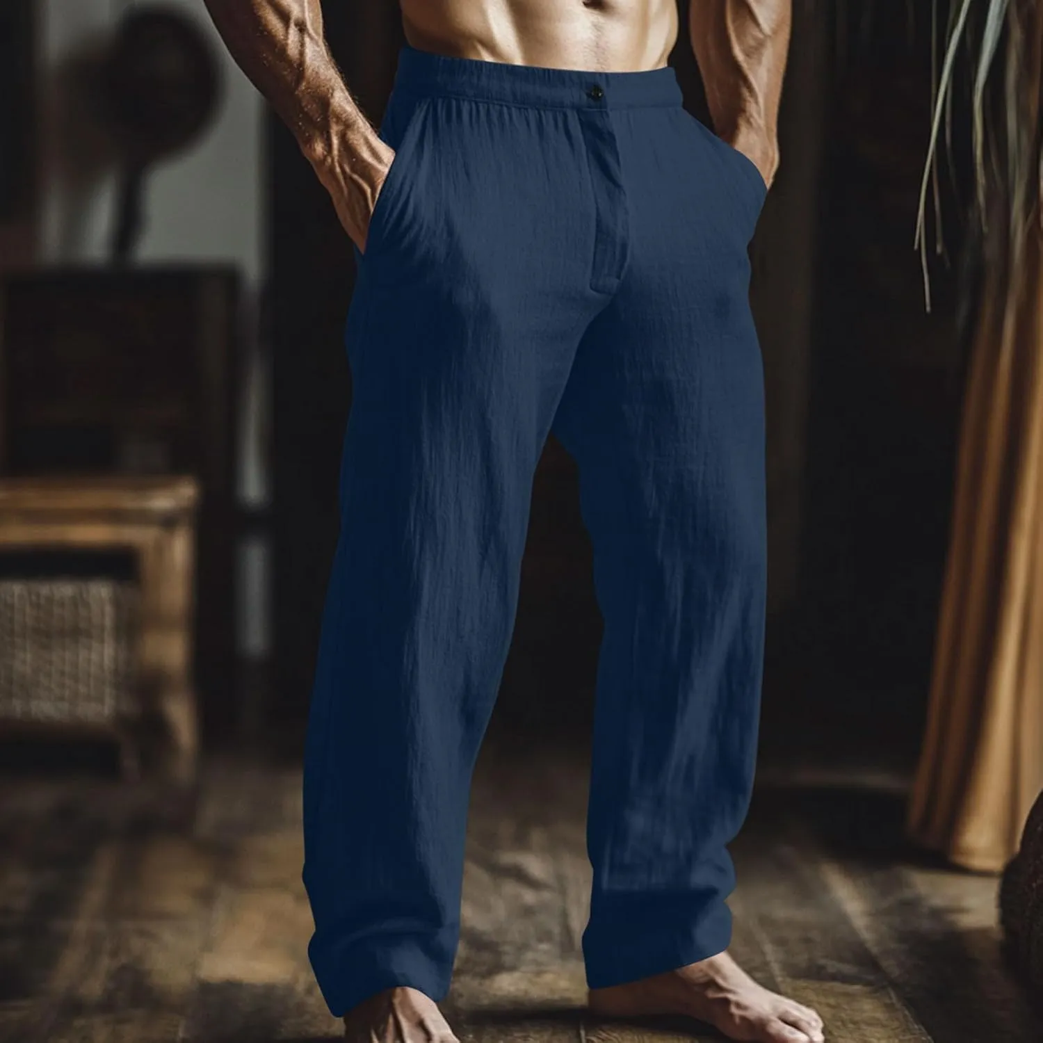 Men's Linen Pants Casual Loose Fit Elastic Waist Drawstring Straight Leg Summer Beach Yoga Long Trousers