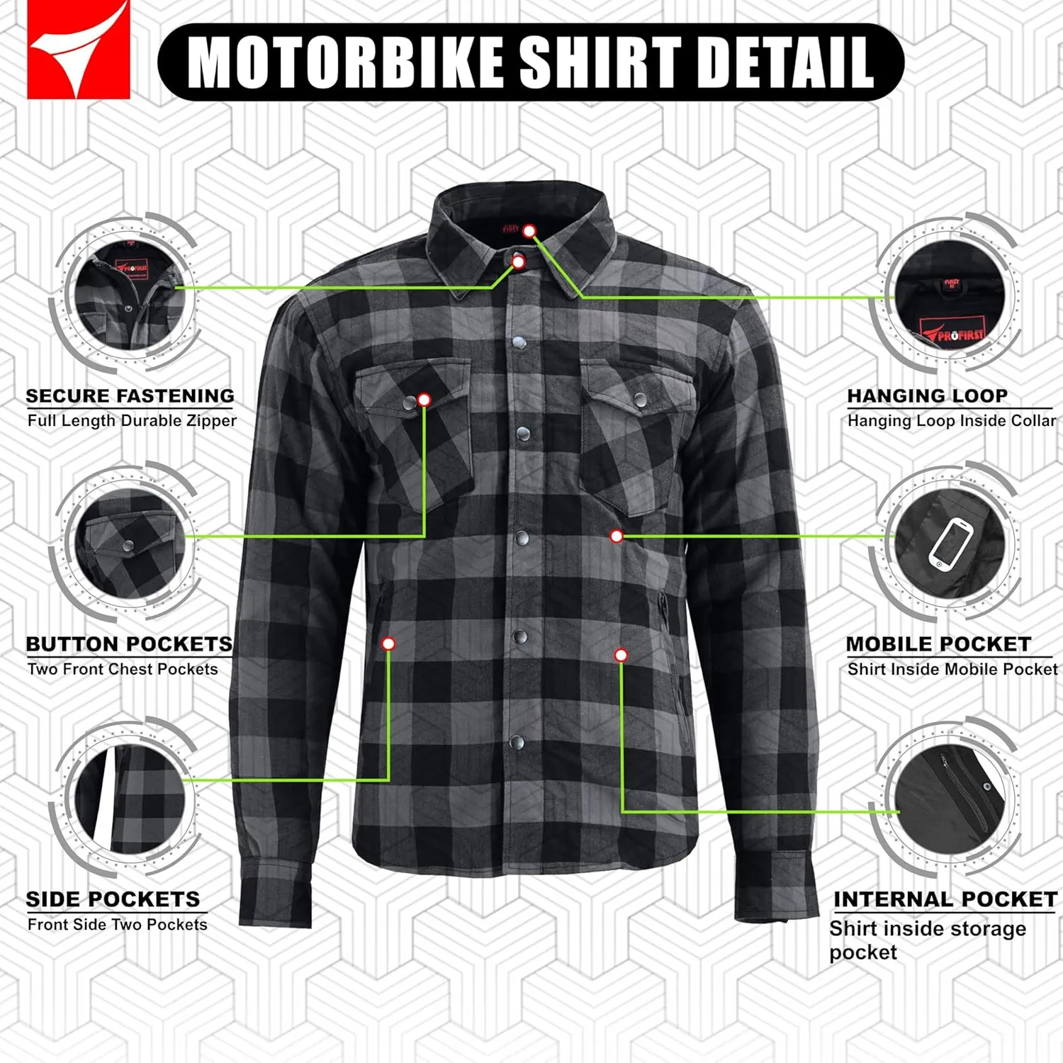 Men's Motorcycle Riding Flannel Shirt, Concealed Carry Jacket,CE Approved with Level 1 Protection Kevlar on Protected Areas