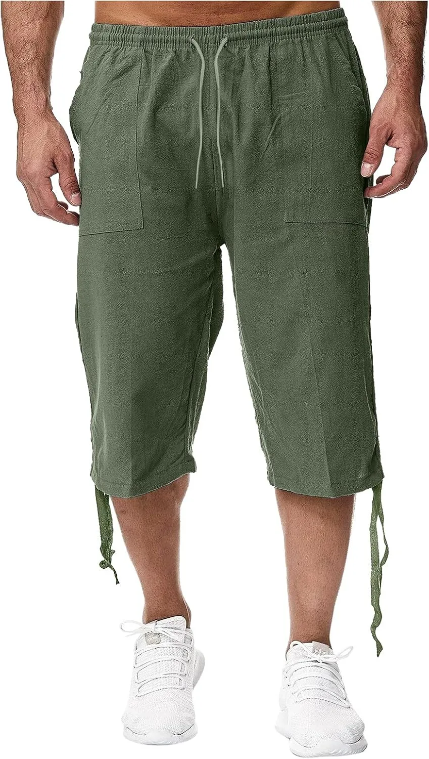 Mens Shorts Cotton Linen Beach Yoga Pants Below Knee Length Casual Loose Fit Canvas Utility Hiker Shorts
