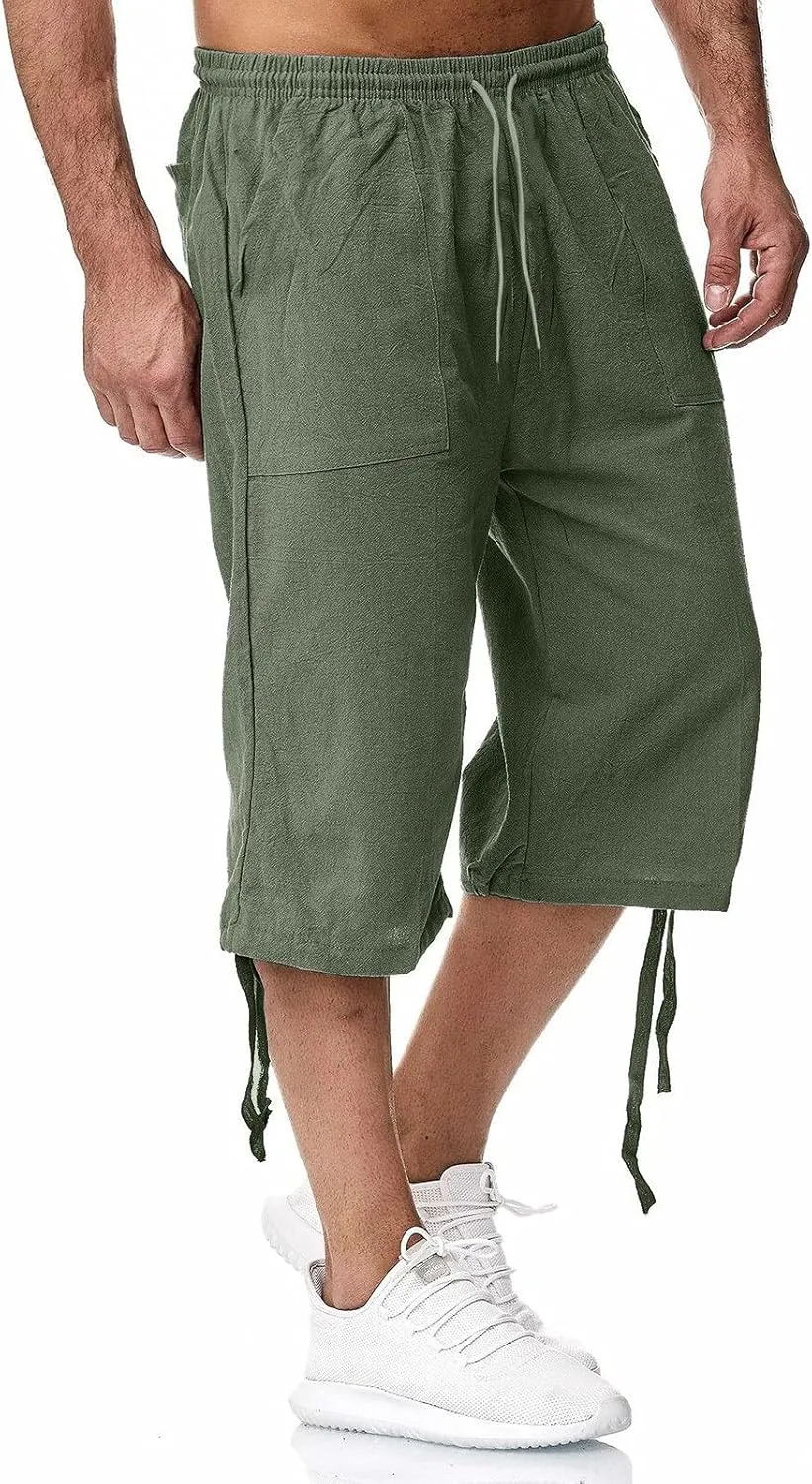 Mens Shorts Cotton Linen Beach Yoga Pants Below Knee Length Casual Loose Fit Canvas Utility Hiker Shorts