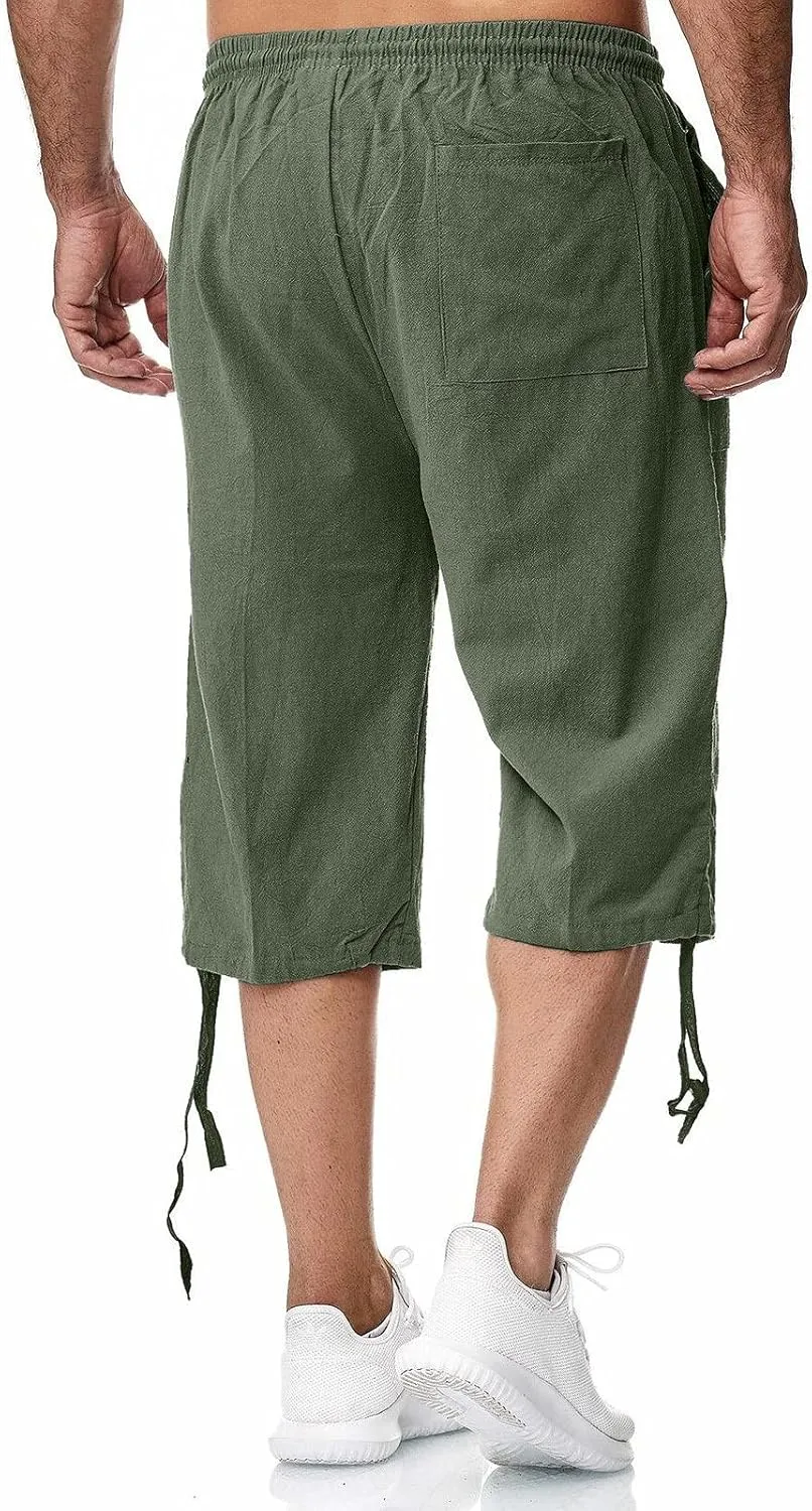 Mens Shorts Cotton Linen Beach Yoga Pants Below Knee Length Casual Loose Fit Canvas Utility Hiker Shorts
