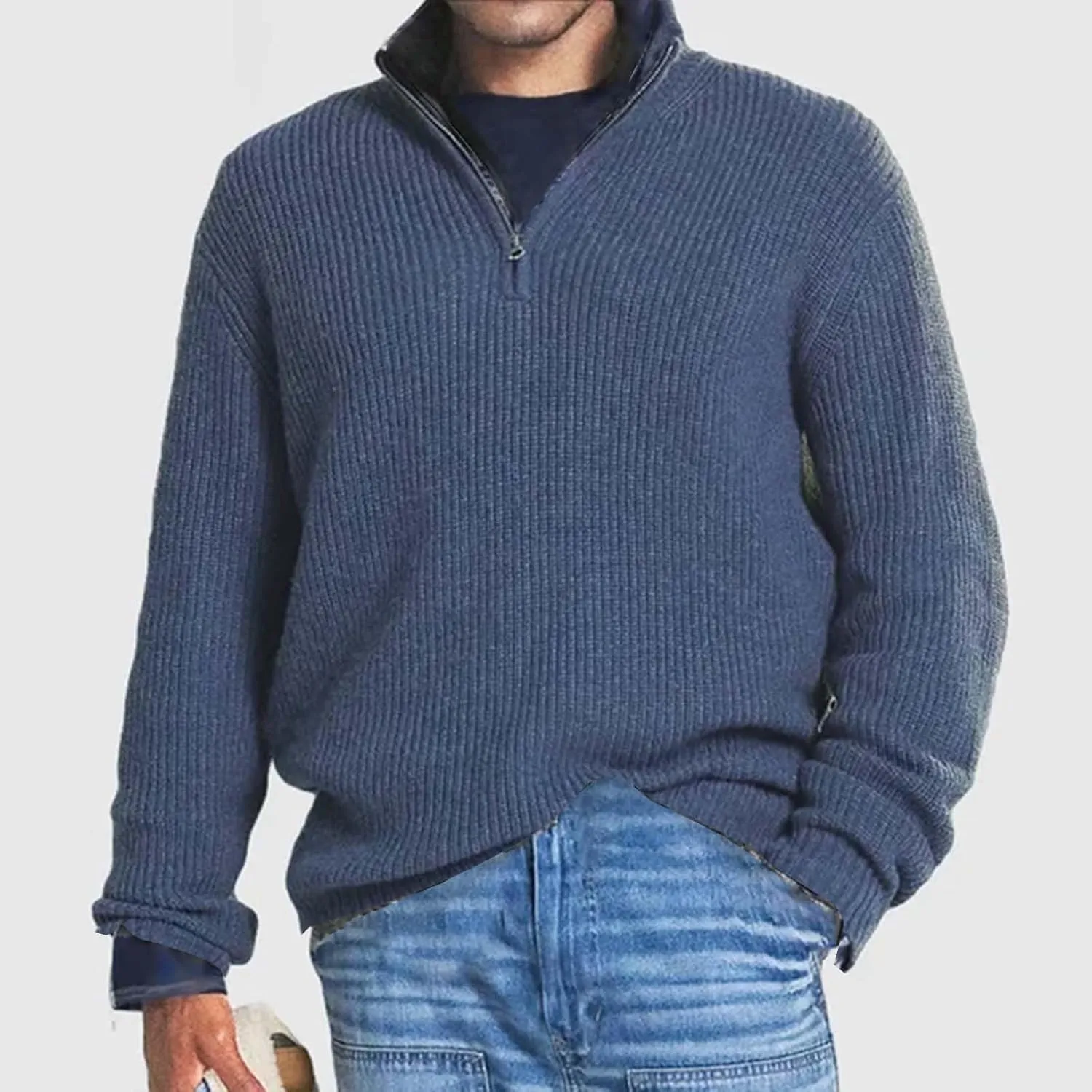Men's Solid Rib Knit Sweater Quarter Zip Pullover Stand Collar V Neck Long Sleeve Top Lightweight Loose Sportwear
