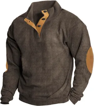 Men's Solid Rib Knit Sweater Quarter Zip Pullover Stand Collar V Neck Long Sleeve Top Lightweight Loose Sportwear