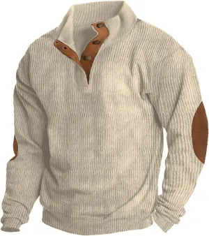 Men's Solid Rib Knit Sweater Quarter Zip Pullover Stand Collar V Neck Long Sleeve Top Lightweight Loose Sportwear