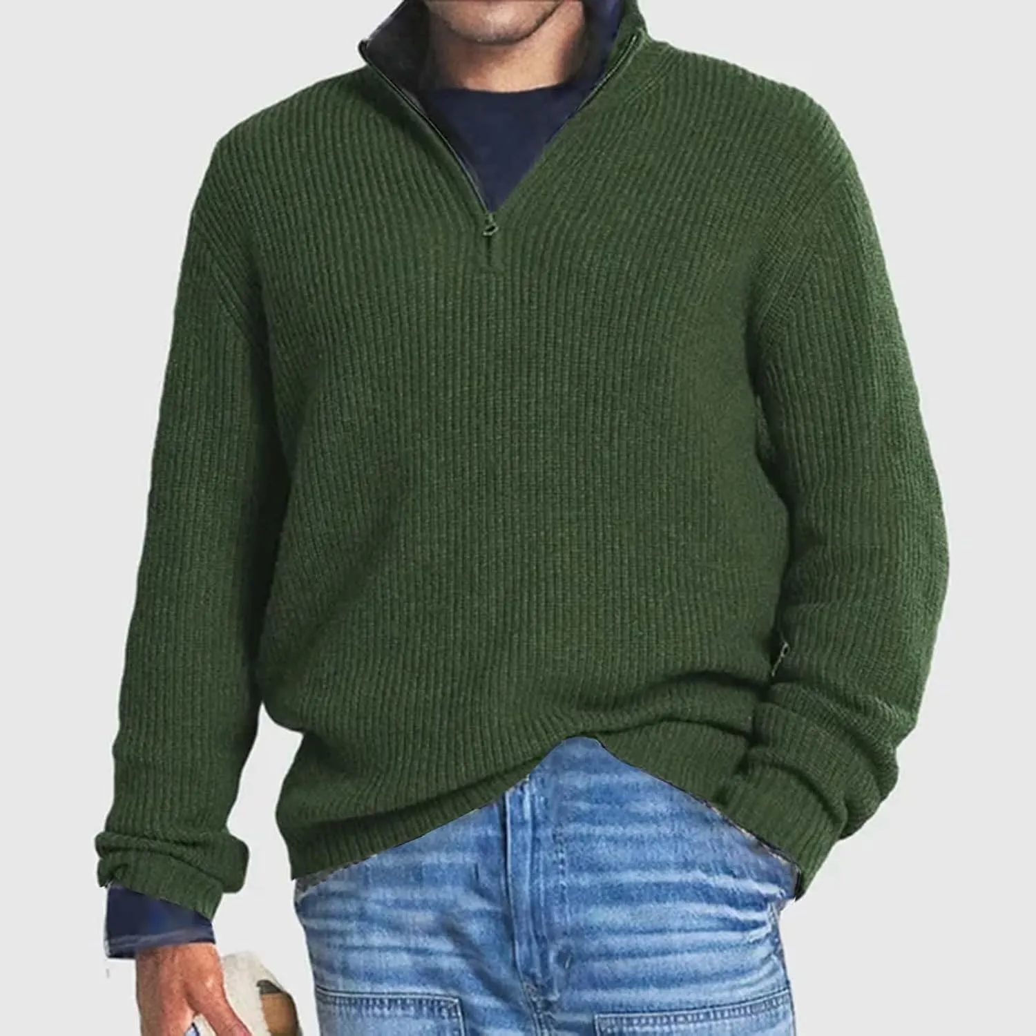 Men's Solid Rib Knit Sweater Quarter Zip Pullover Stand Collar V Neck Long Sleeve Top Lightweight Loose Sportwear