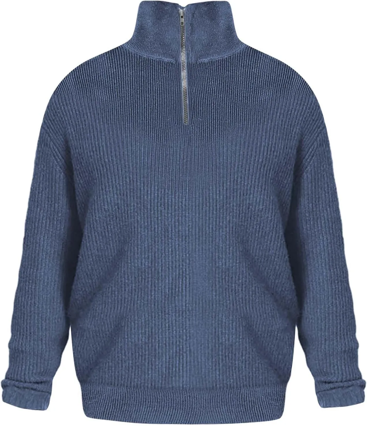 Men's Solid Rib Knit Sweater Quarter Zip Pullover Stand Collar V Neck Long Sleeve Top Lightweight Loose Sportwear