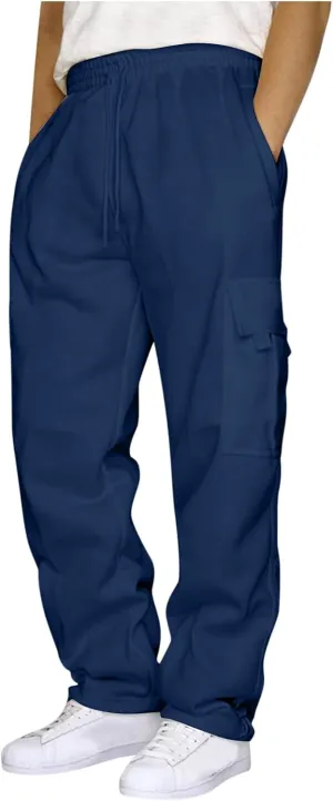 Men's Sweatpants Open Bottom Baggy Straight Leg Elastic Waist Athletic Running Heavyweight Cargo with Pockets