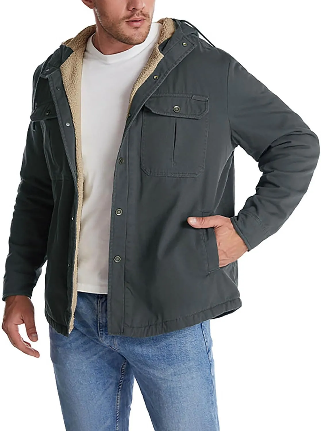 Men's Thicken Fleece Hoodies with Pockets Sherpa Lined Military Tactical Warm Winter Jacket Outdoor Utility Work Coat