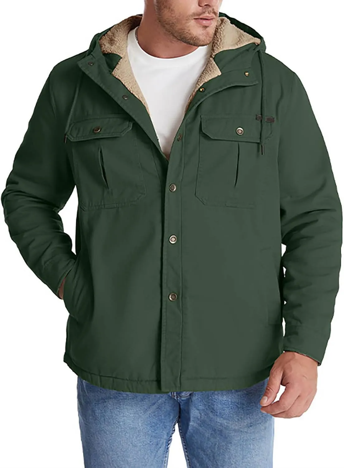 Men's Thicken Fleece Hoodies with Pockets Sherpa Lined Military Tactical Warm Winter Jacket Outdoor Utility Work Coat