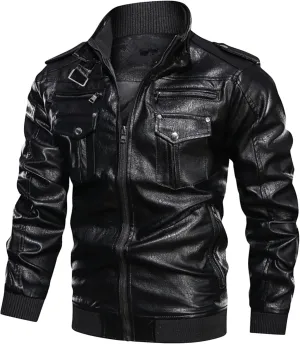Men's Vintage Sport Motorcycle Leather Jacket Stand Collar Spring Fall Biker Coat Wash Sportwear Bomber Outwear