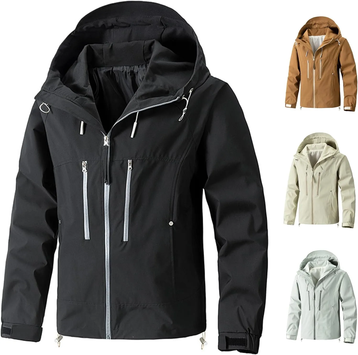 Men's Zip Up Hoodies Front Cardigan Rain Jacket Solid Color Zipper Jackets Lightweight Waterproof Raincoat Coat
