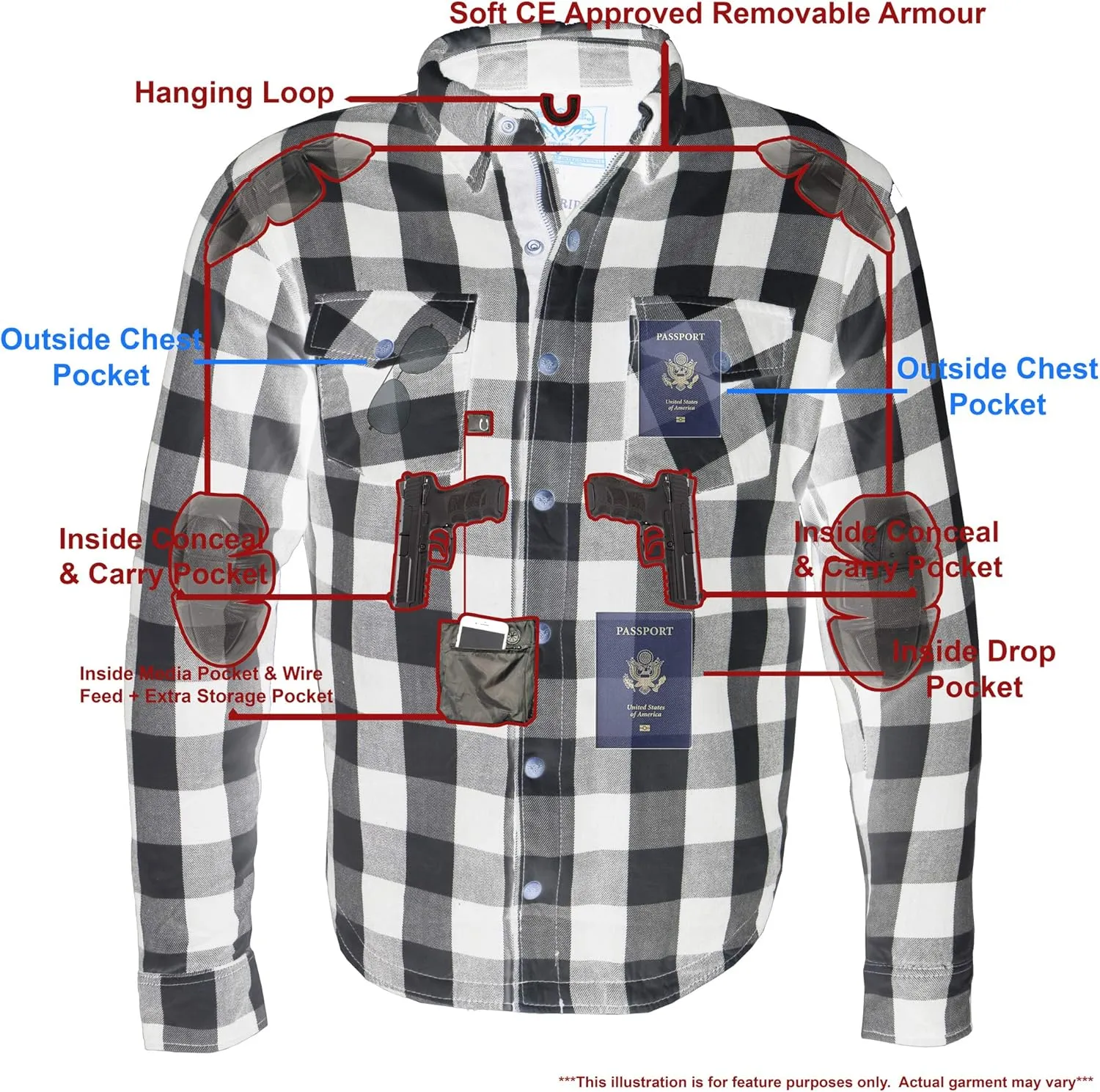 Milwaukee Leather Men's Plaid Flannel Biker Shirt with CE Approved Armor - Reinforced w/Protective Fibers