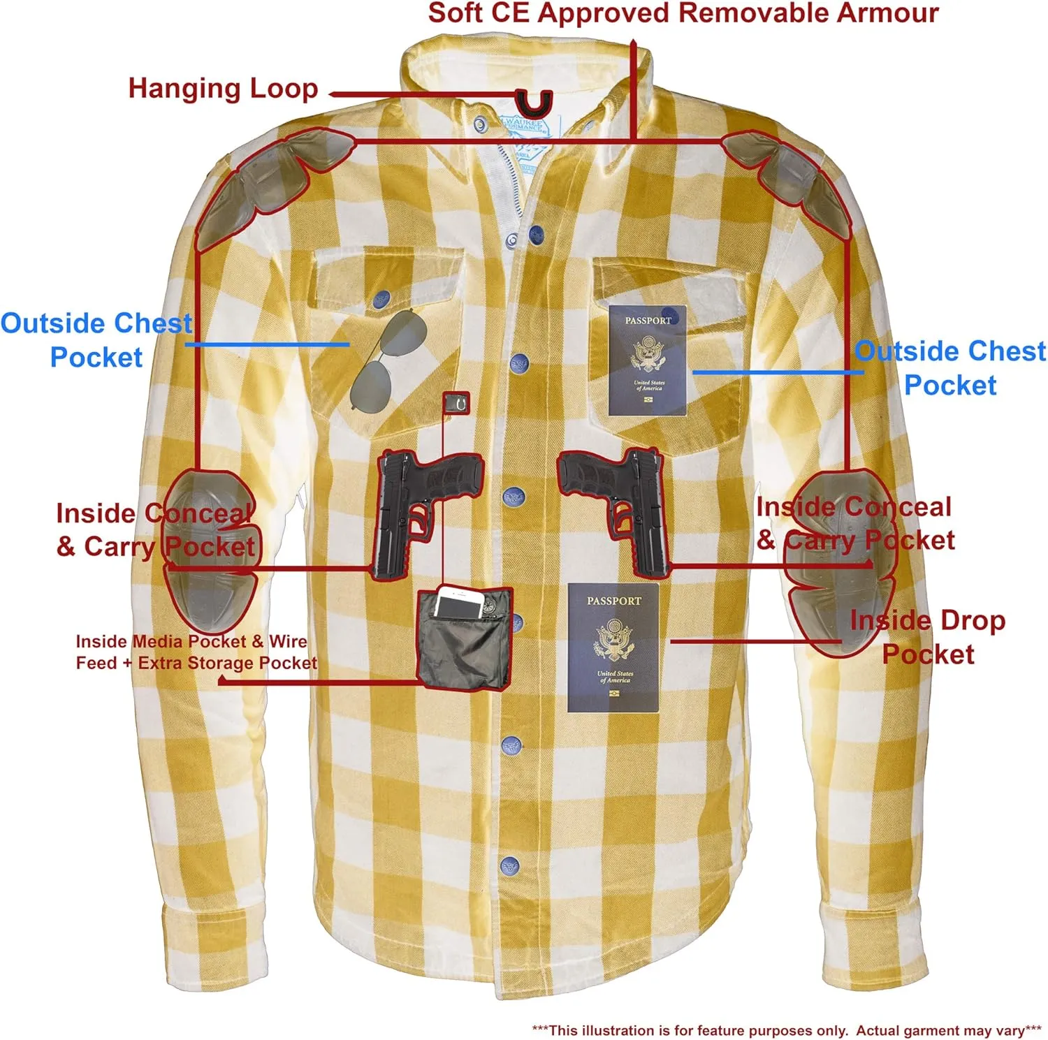 Milwaukee Leather Men's Plaid Flannel Biker Shirt with CE Approved Armor - Reinforced w/Protective Fibers