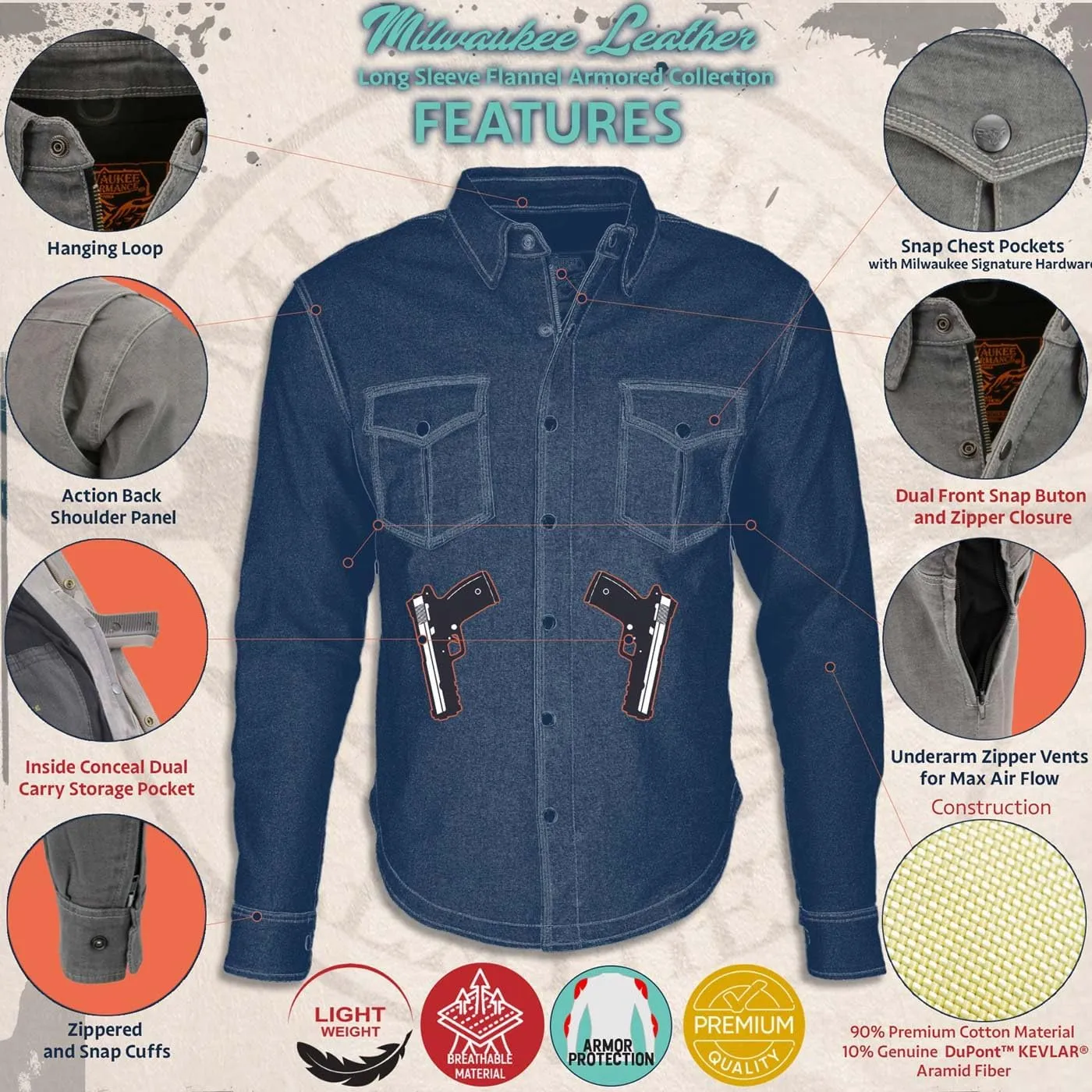 Milwaukee Leather MPM1622 Men's Black Waxy Denim Flannel Biker Shirt with CE Approved Armor - Reinforced w/Aramid Fibers