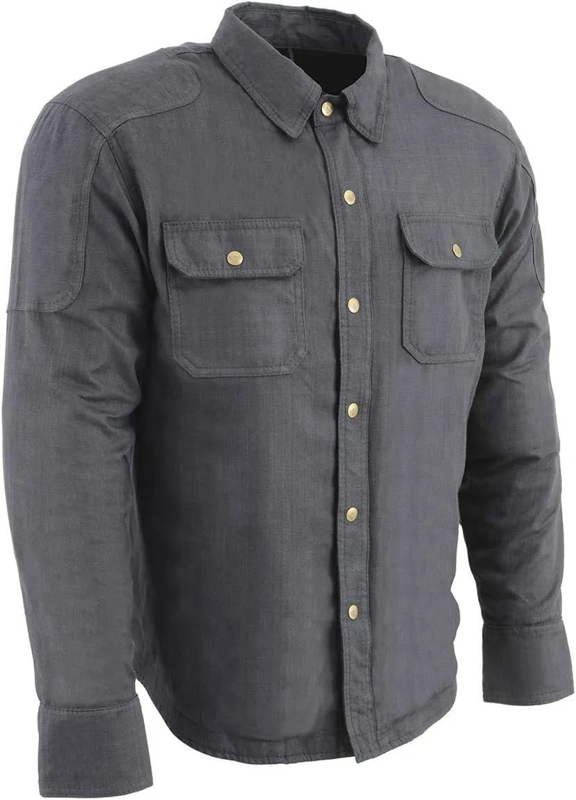 Milwaukee Leather MPM1622 Men's Black Waxy Denim Flannel Biker Shirt with CE Approved Armor - Reinforced w/Aramid Fibers