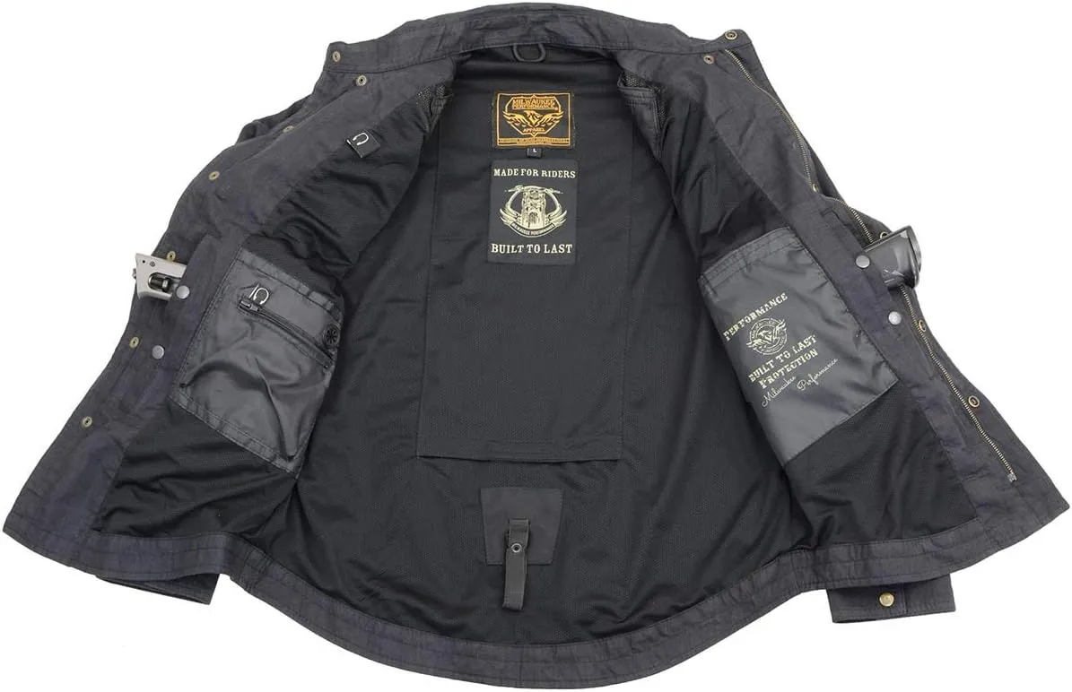 Milwaukee Leather MPM1622 Men's Black Waxy Denim Flannel Biker Shirt with CE Approved Armor - Reinforced w/Aramid Fibers