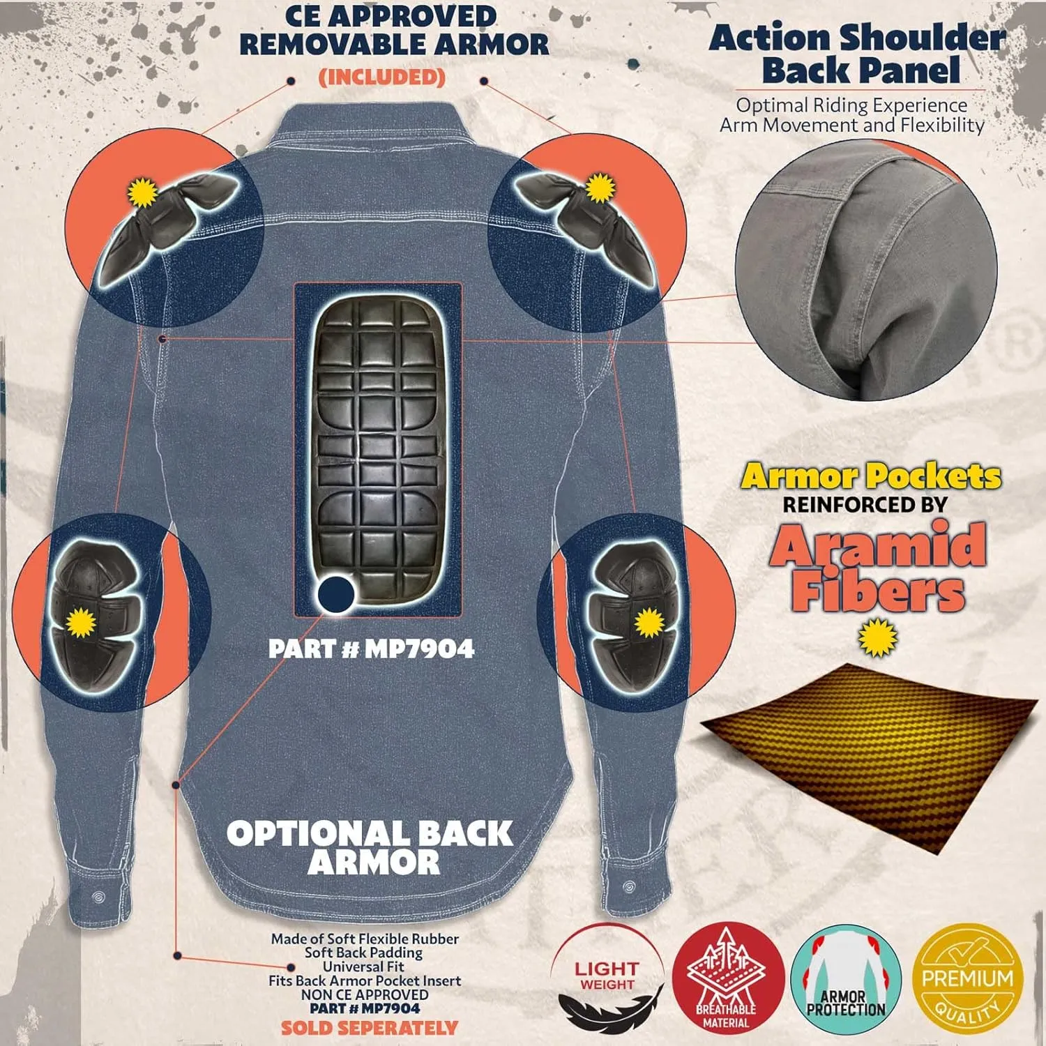 Milwaukee Leather MPM1622 Men's Black Waxy Denim Flannel Biker Shirt with CE Approved Armor - Reinforced w/Aramid Fibers