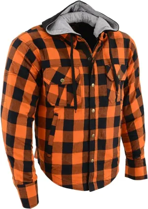 Milwaukee Leather MPM1642 Men's Orange and Black Armored Long Sleeve Hooded Flannel Shirt w/Reinforced Fiber (Small)