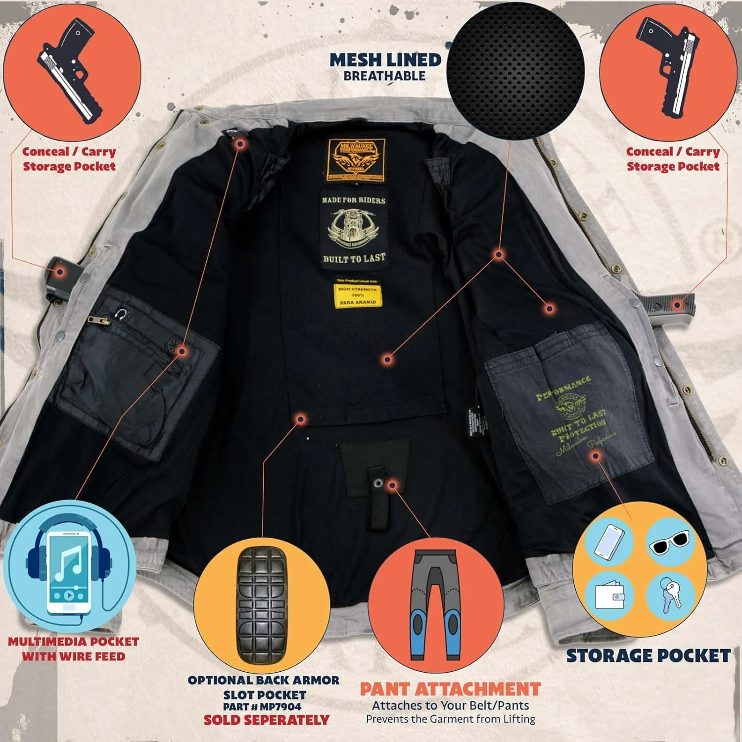 Milwaukee Leather MPM1642 Men's Orange and Black Armored Long Sleeve Hooded Flannel Shirt w/Reinforced Fiber (Small)