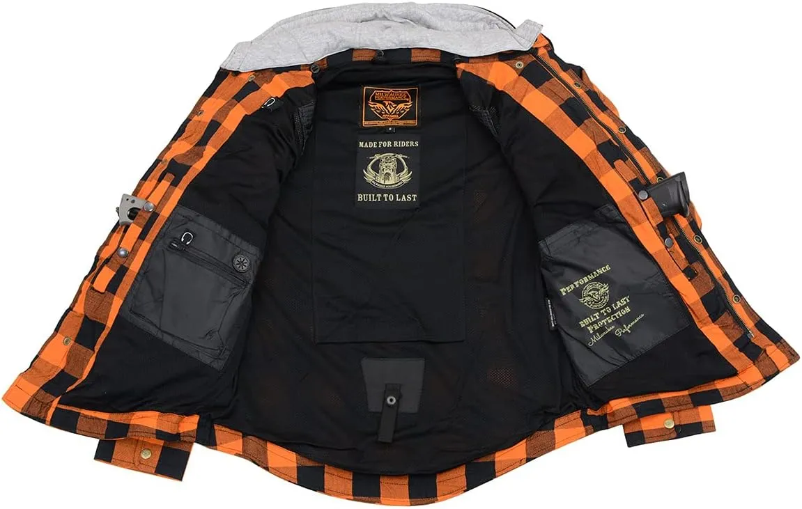 Milwaukee Leather MPM1642 Men's Orange and Black Armored Long Sleeve Hooded Flannel Shirt w/Reinforced Fiber (Small)