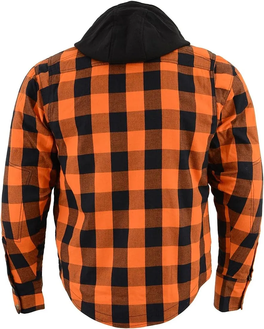 Milwaukee Leather MPM1642 Men's Orange and Black Armored Long Sleeve Hooded Flannel Shirt w/Reinforced Fiber (Small)