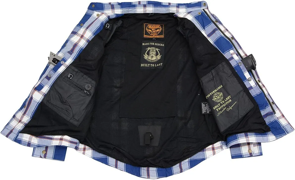 Milwaukee Leather MPM1645 Men's Plaid Flannel Biker Shirt with CE Approved Armor - Reinforced w/Aramid Fiber - 2X-Large Blue
