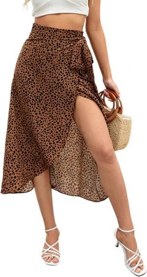 Newchoice Women's Boho Leopard Skirt High Low Split Summer Beach Midi Wrap Skirts