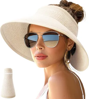 NPJY Sun Hats for Women Wide Brim Roll-Up Beach Ponytail Hat Packable Foldable Travel Straw Visor