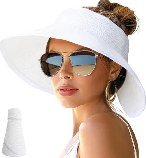 NPJY Sun Hats for Women Wide Brim Roll-Up Beach Ponytail Hat Packable Foldable Travel Straw Visor