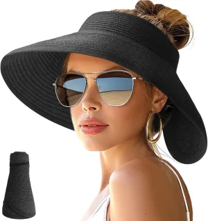 NPJY Sun Hats for Women Wide Brim Roll-Up Beach Ponytail Hat Packable Foldable Travel Straw Visor