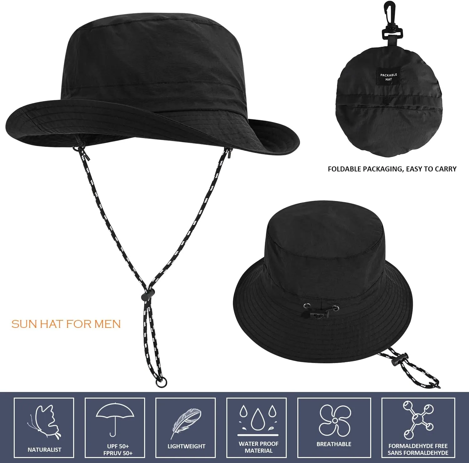 Outdoor Sun Hat Bucket Hats for Men, Summer Man Foldable Sun Protection Wide Brim Sun Hats Beach Hat UPF 50 