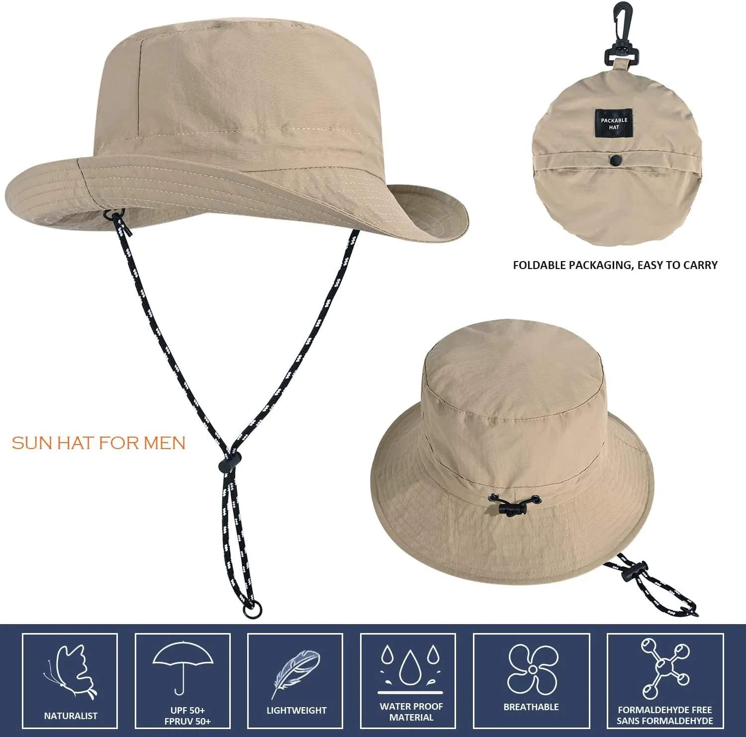 Outdoor Sun Hat Bucket Hats for Men, Summer Man Foldable Sun Protection Wide Brim Sun Hats Beach Hat UPF 50 