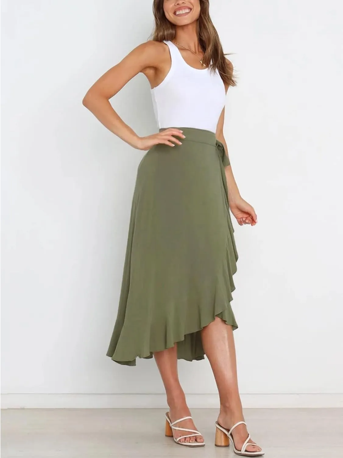 Panegy Ruffle High Low Waist Flowy A Line Boho Skirt for Women Solid Color Floral Print Skirts