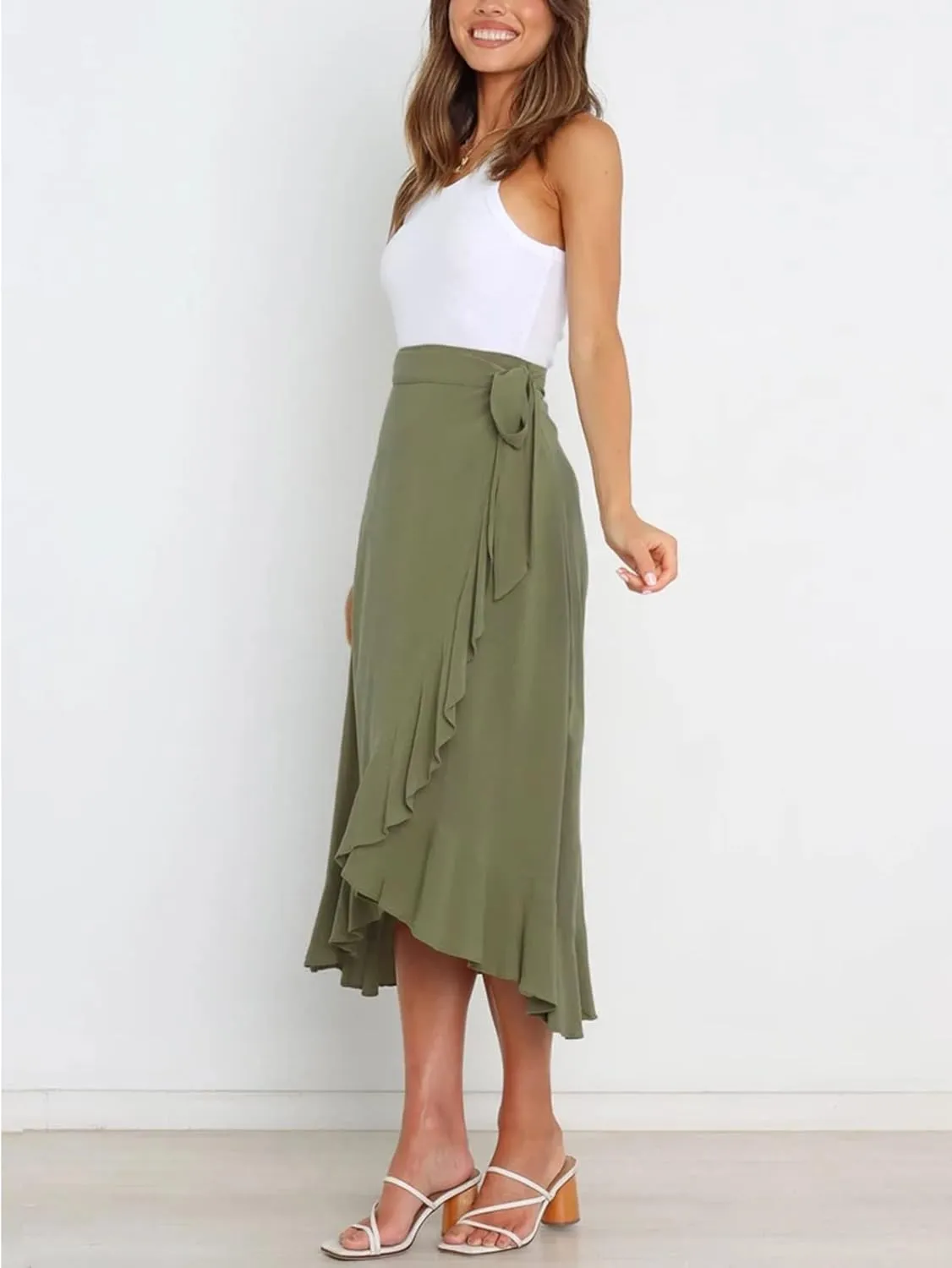 Panegy Ruffle High Low Waist Flowy A Line Boho Skirt for Women Solid Color Floral Print Skirts