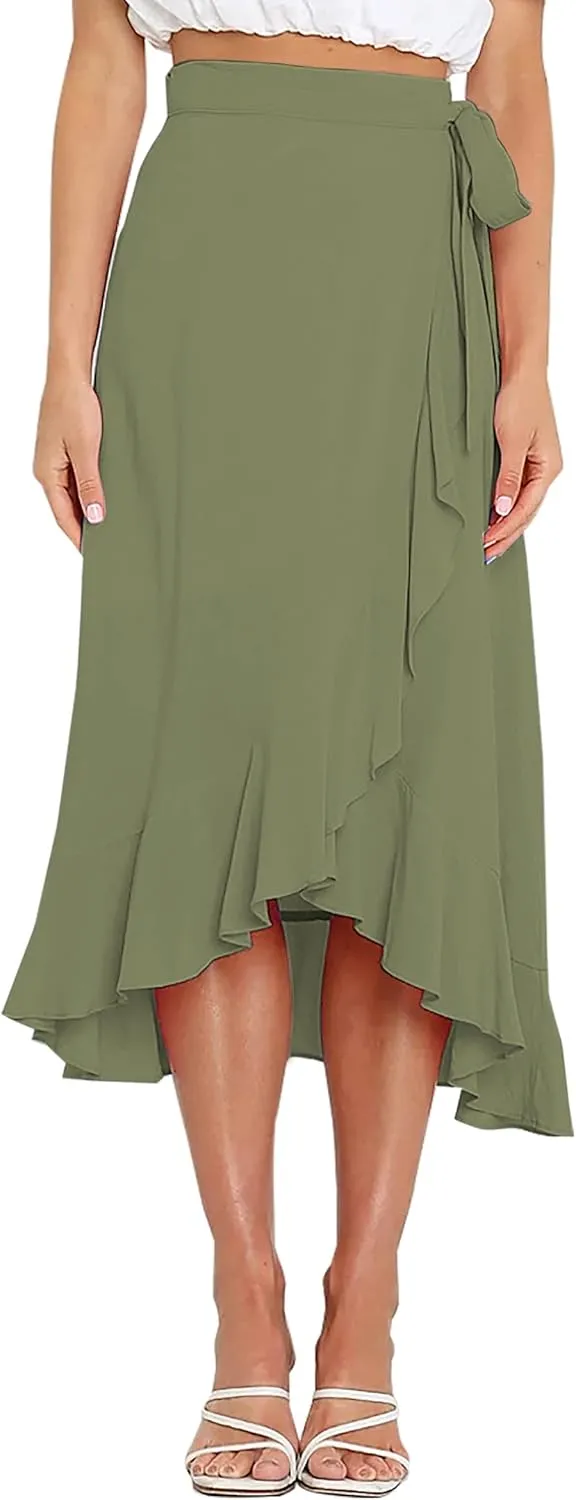 Panegy Ruffle High Low Waist Flowy A Line Boho Skirt for Women Solid Color Floral Print Skirts
