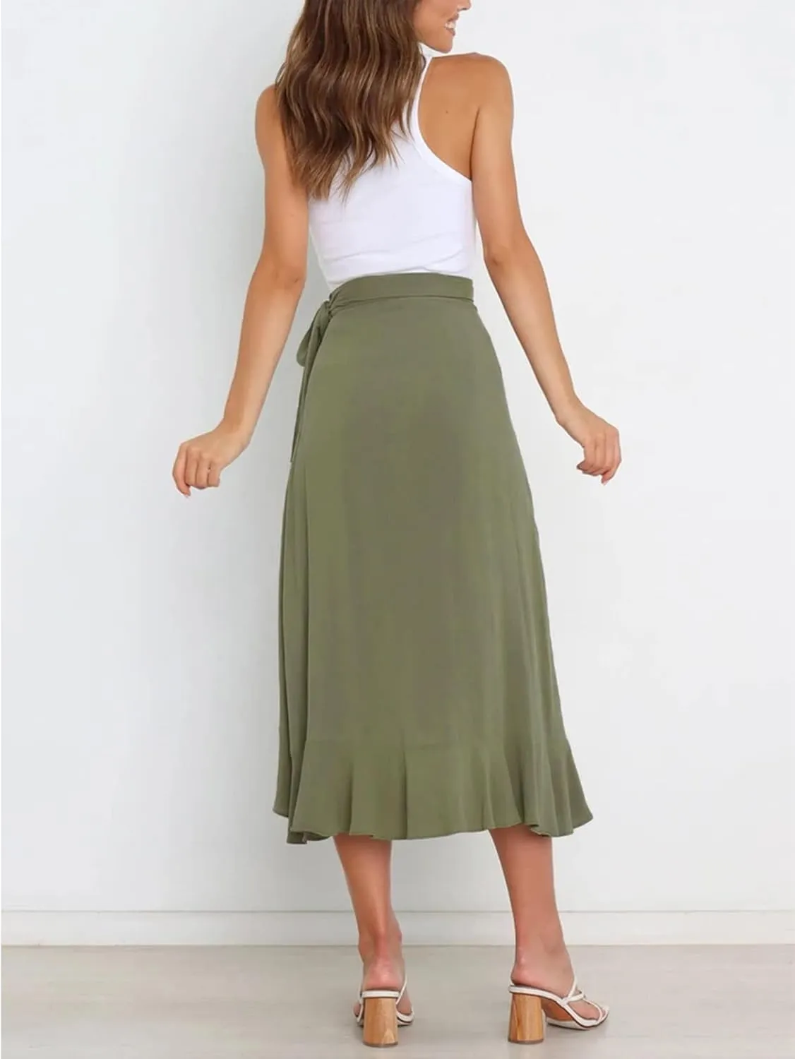 Panegy Ruffle High Low Waist Flowy A Line Boho Skirt for Women Solid Color Floral Print Skirts