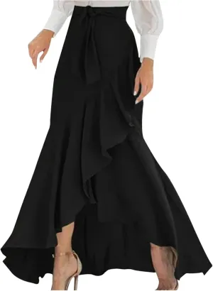 Plaid Mermaid Maxi Skirt for Women Asymmetrical Tied High Waist Ruffle Hem Skirts Casual Fashion Vintage Swing Skirt