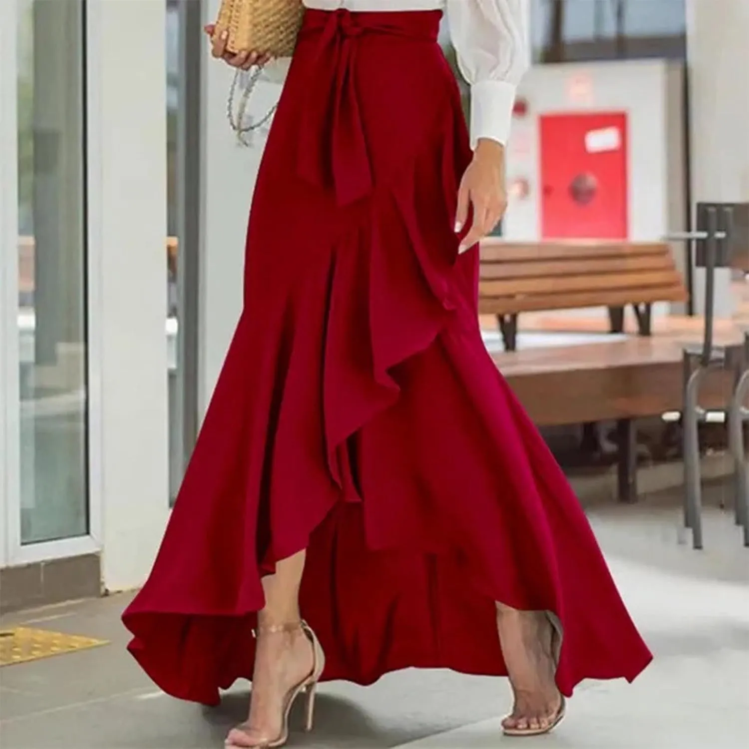 Plaid Mermaid Maxi Skirt for Women Asymmetrical Tied High Waist Ruffle Hem Skirts Casual Fashion Vintage Swing Skirt